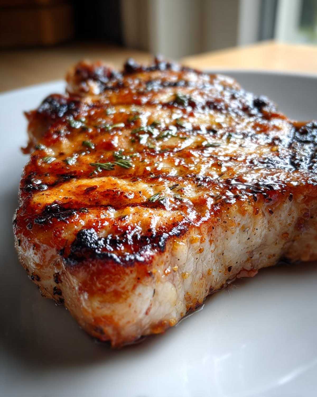 Close-up of a perfectly grilled, glazed pork chop showing grill marks and herbs, achieved with a great marinade for pork chops.