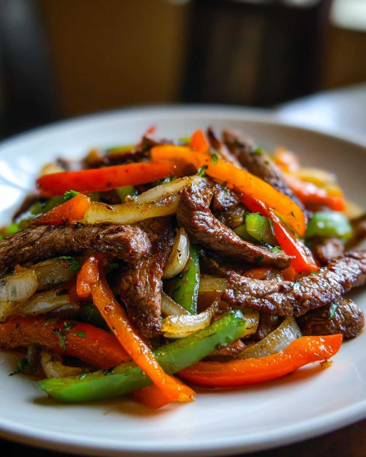 A close-up shot of perfectly cooked steak fajitas mixed with vibrant strips of orange, green bell peppers, and caramelized onions on a white plate.