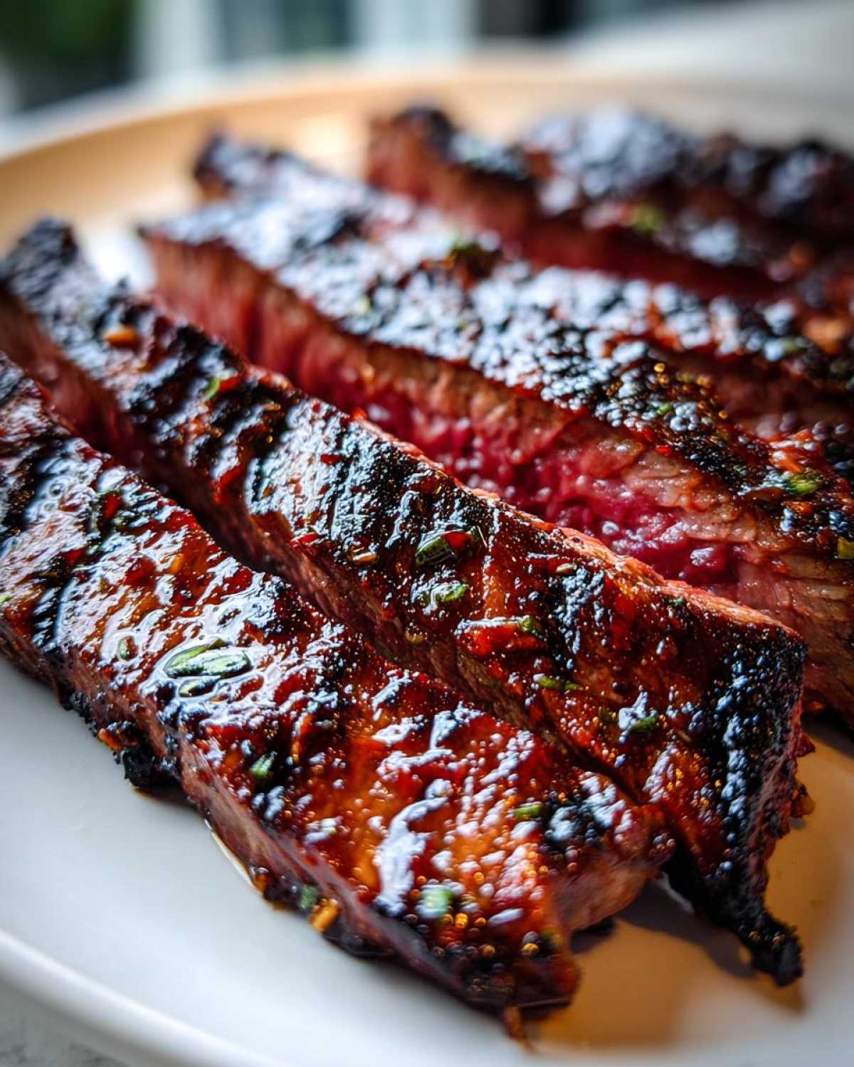 Close-up of perfectly cooked steak slices showing a medium-rare interior and a glossy, dark crust from the carne asada marinade.
