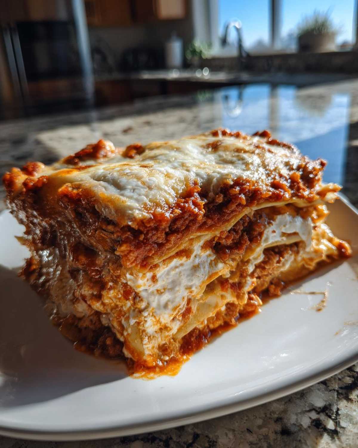 A thick, layered slice of Lasagna with Cottage Cheese on a white plate, featuring rich meat sauce and melted cheese topping.