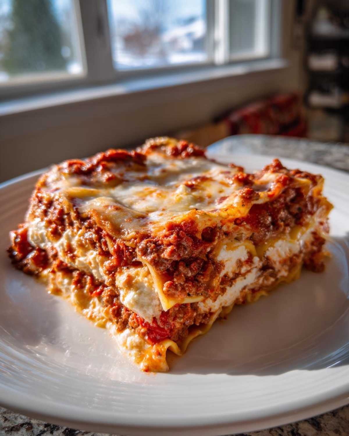 A generous slice of Lasagna with Cottage Cheese, featuring layers of pasta, meat sauce, and white cheese filling, served on a white plate.