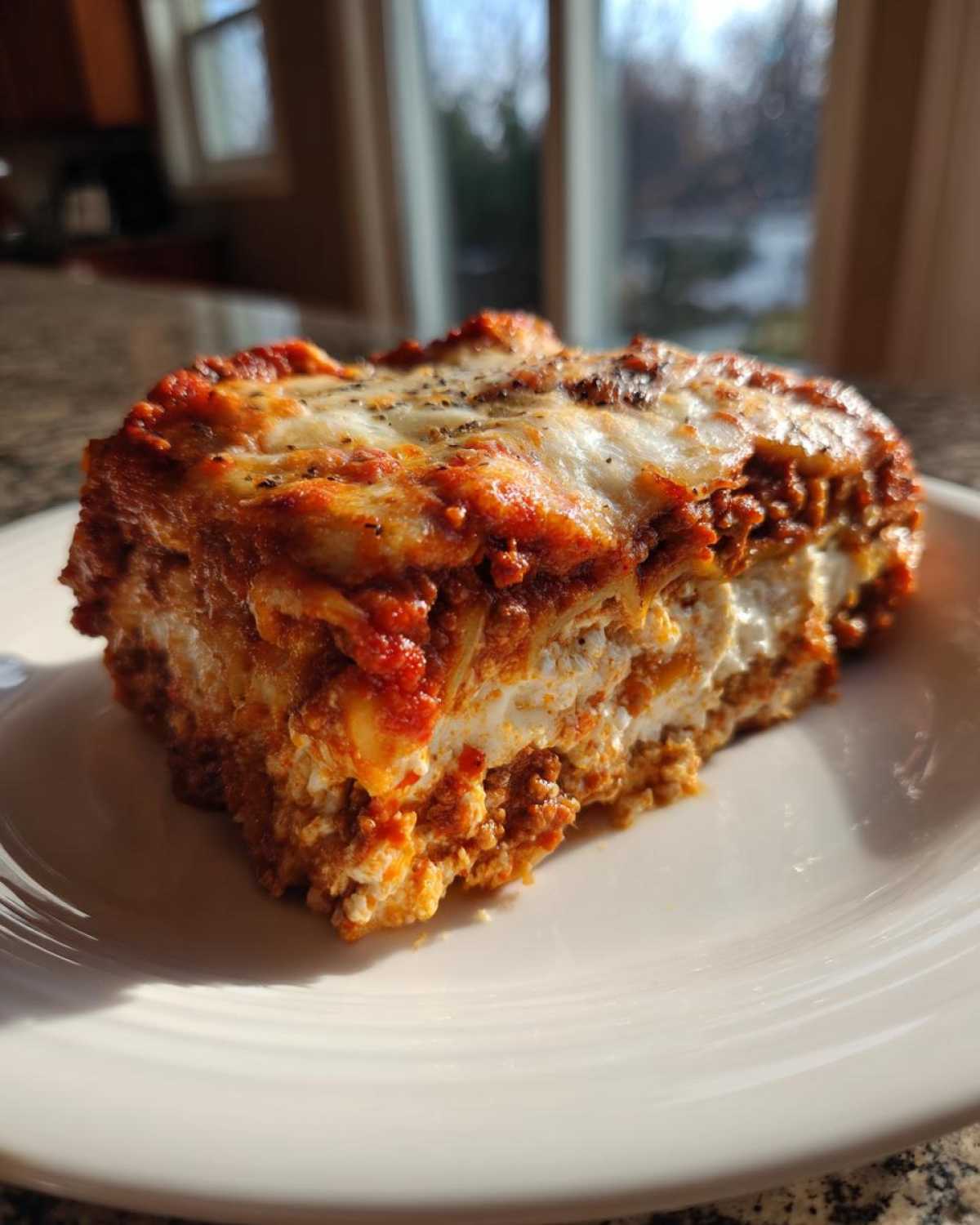 A generous slice of Lasagna with Cottage Cheese showing layers of meat sauce and creamy white filling, served on a white plate.