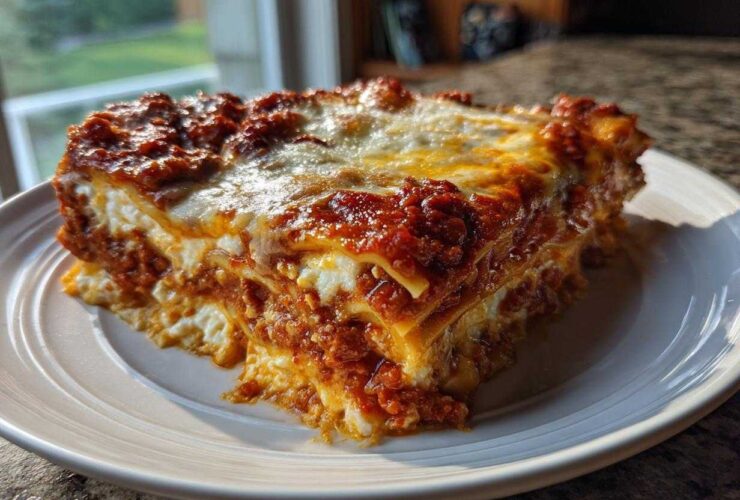 A thick, layered slice of Lasagna with Cottage Cheese on a white plate, featuring rich red sauce and melted cheese.