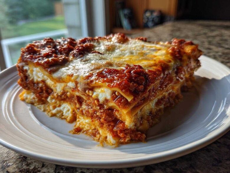 A thick, layered slice of Lasagna with Cottage Cheese on a white plate, featuring rich red sauce and melted cheese.