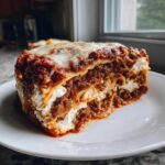 A thick, layered slice of Lasagna with Cottage Cheese, rich meat sauce, and melted mozzarella on top.