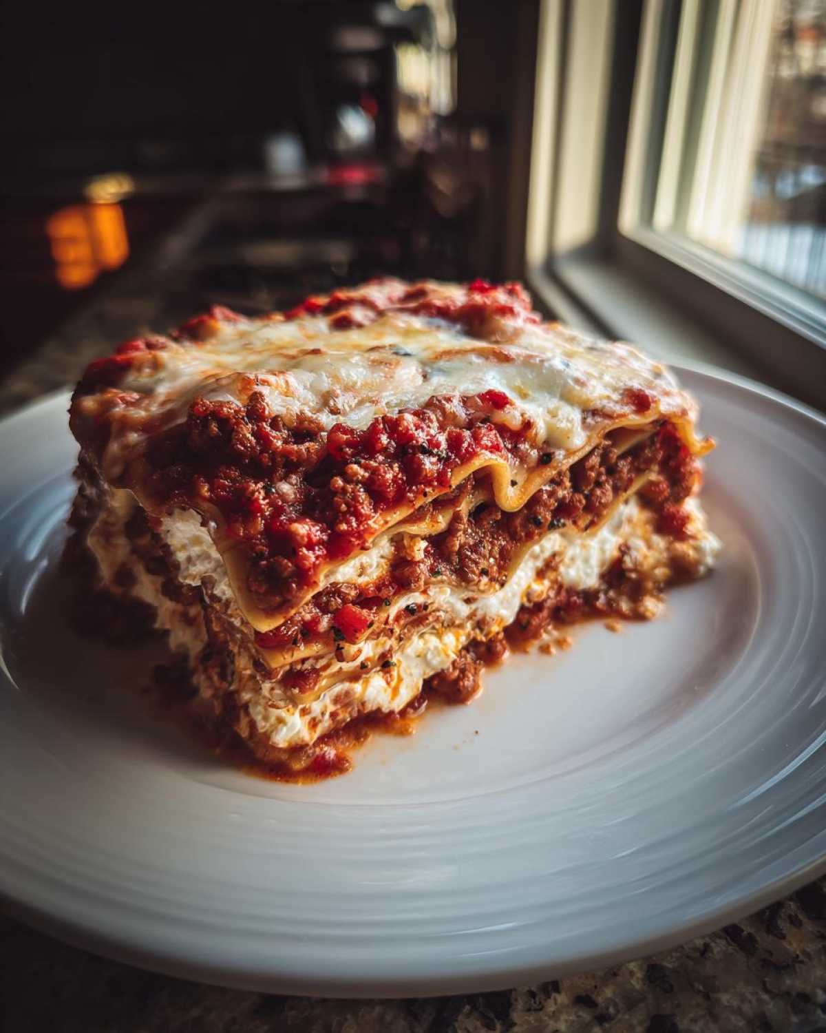 A thick, layered slice of lasagna with cottage cheese, meat sauce, and melted cheese topping, served on a white plate.