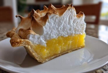 A close-up of a tall slice of lemon meringue pie showing bright yellow filling and peaks of browned meringue.