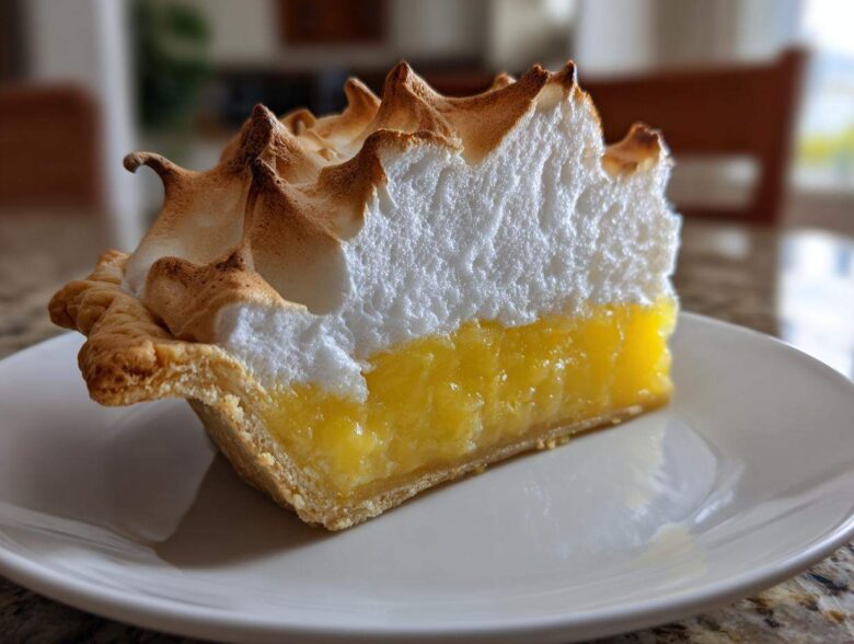 A close-up of a tall slice of lemon meringue pie showing bright yellow filling and peaks of browned meringue.