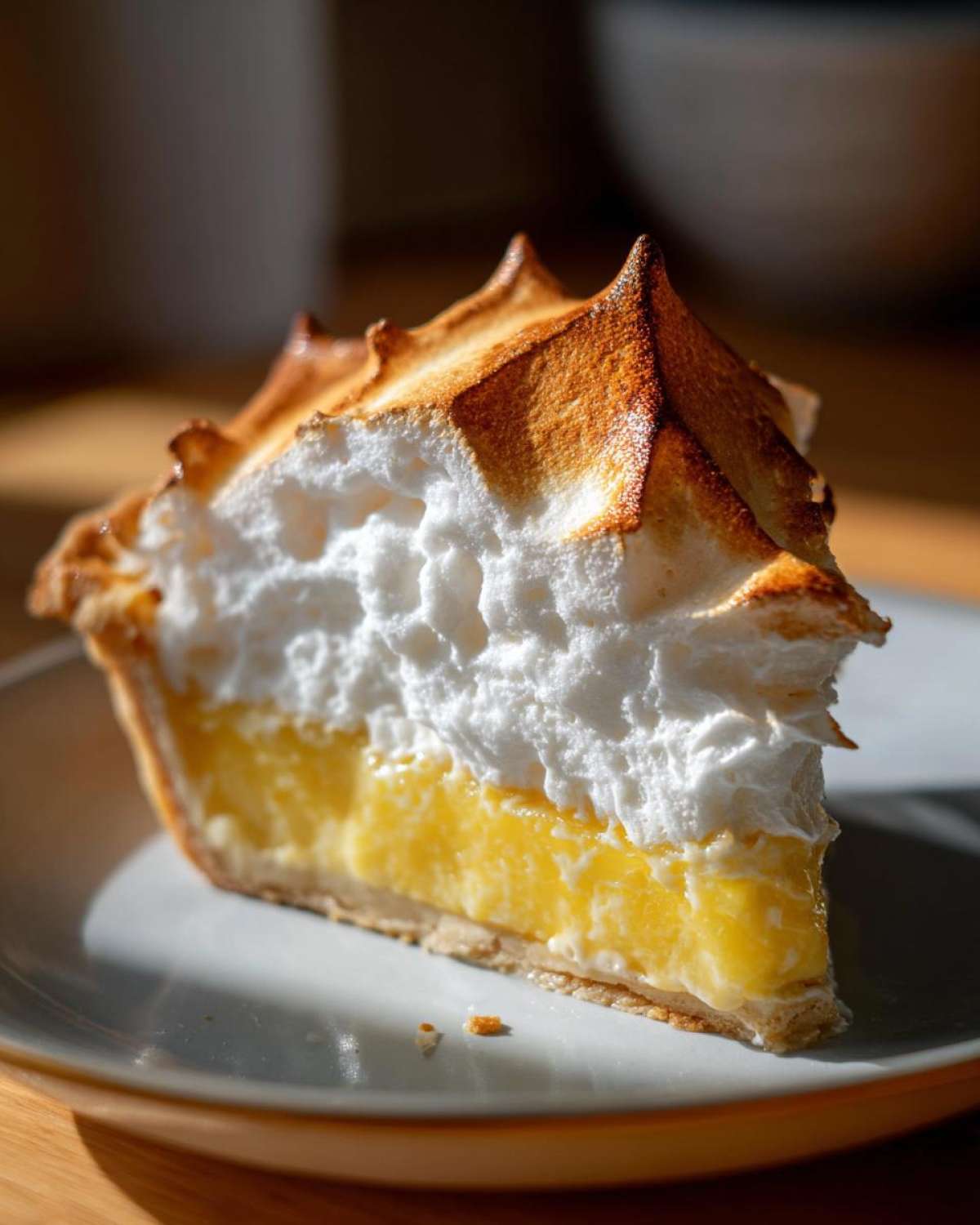 A tall slice of lemon meringue pie showing the bright yellow curd and perfectly peaked, toasted meringue.