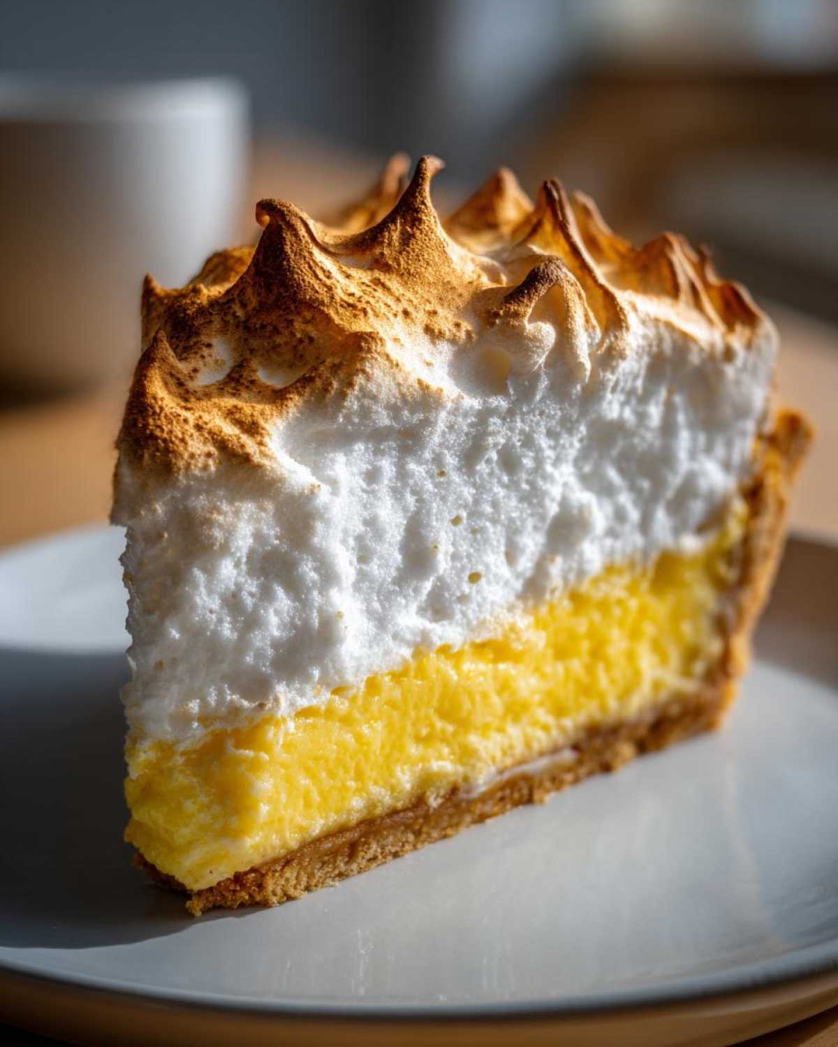A tall, beautiful slice of lemon meringue pie showing bright yellow curd and perfectly toasted meringue peaks.