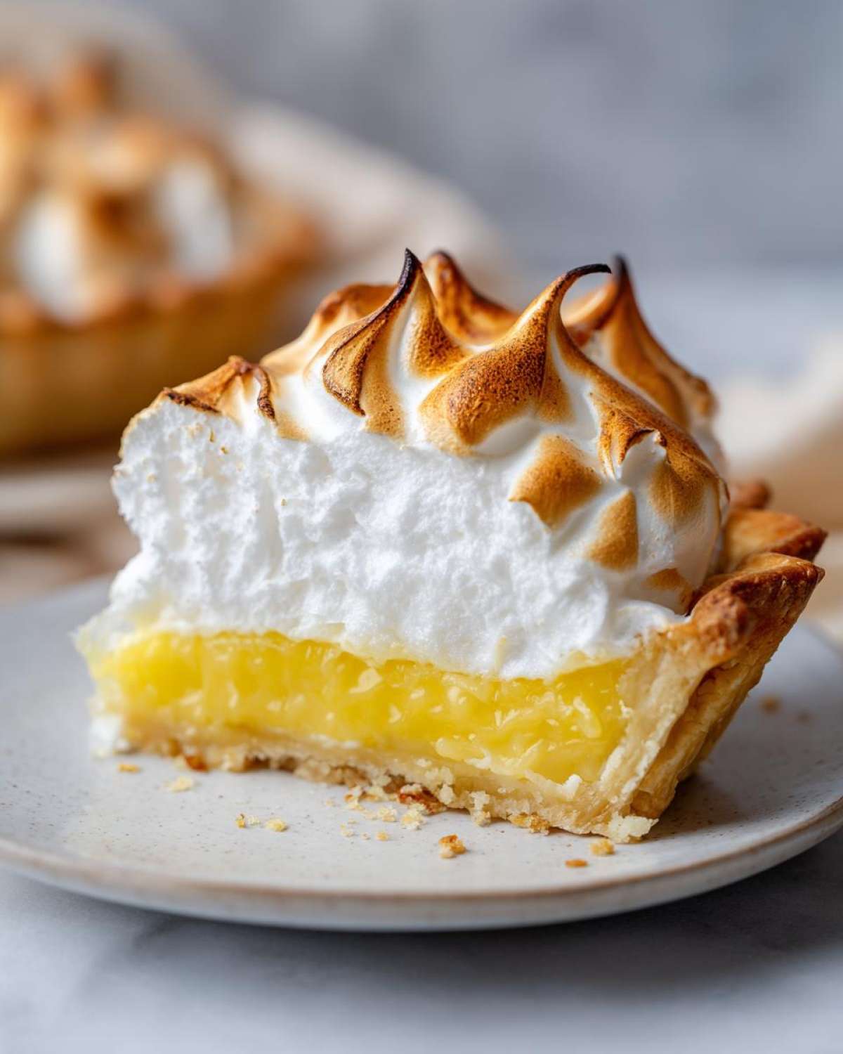 Close-up of a slice of lemon meringue pie showing bright yellow curd and perfectly torched white meringue peaks.