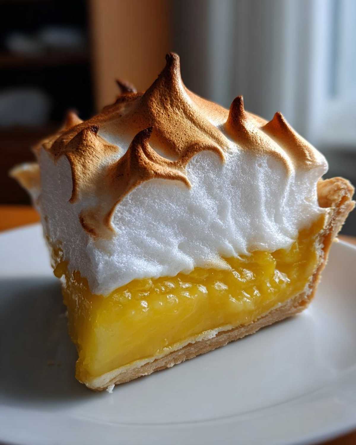 Close-up of a slice of lemon meringue pie showing bright yellow curd and perfectly torched meringue peaks.