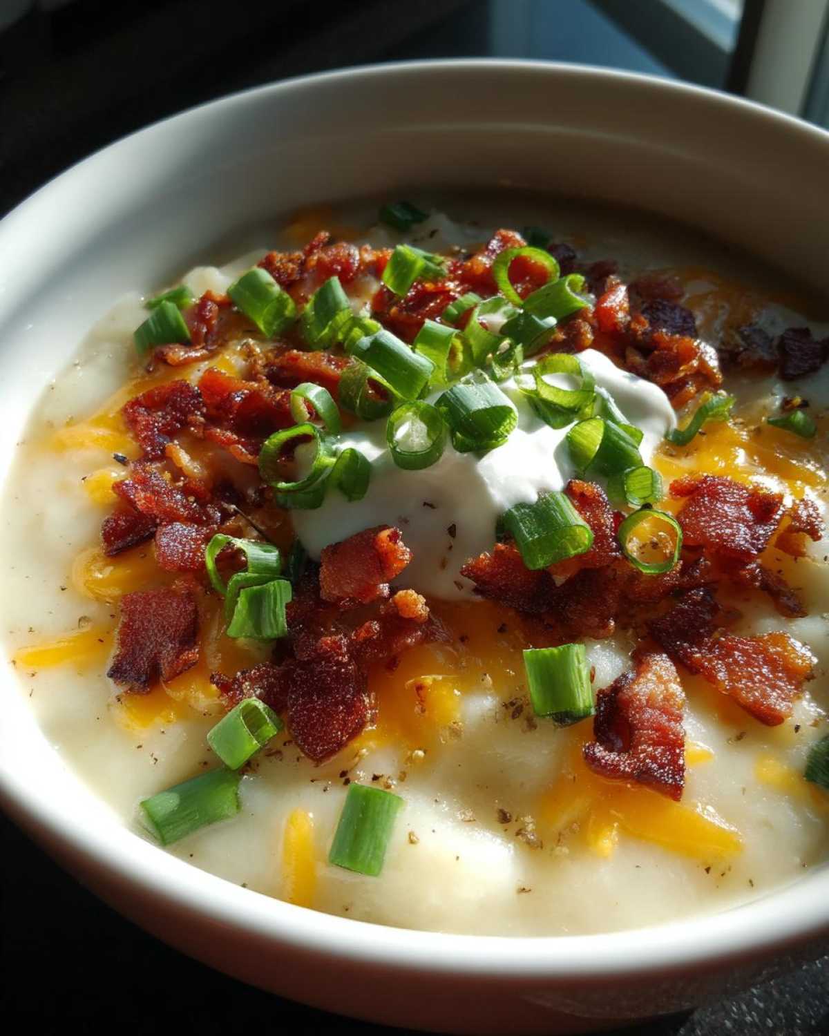 A close-up of a bowl of creamy loaded baked potato soup topped with sour cream, bacon bits, shredded cheese, and green onions.
