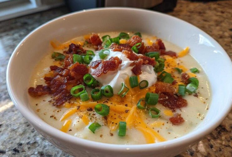 A close-up of a bowl of creamy loaded baked potato soup topped with sour cream, shredded cheddar, bacon bits, and green onions.