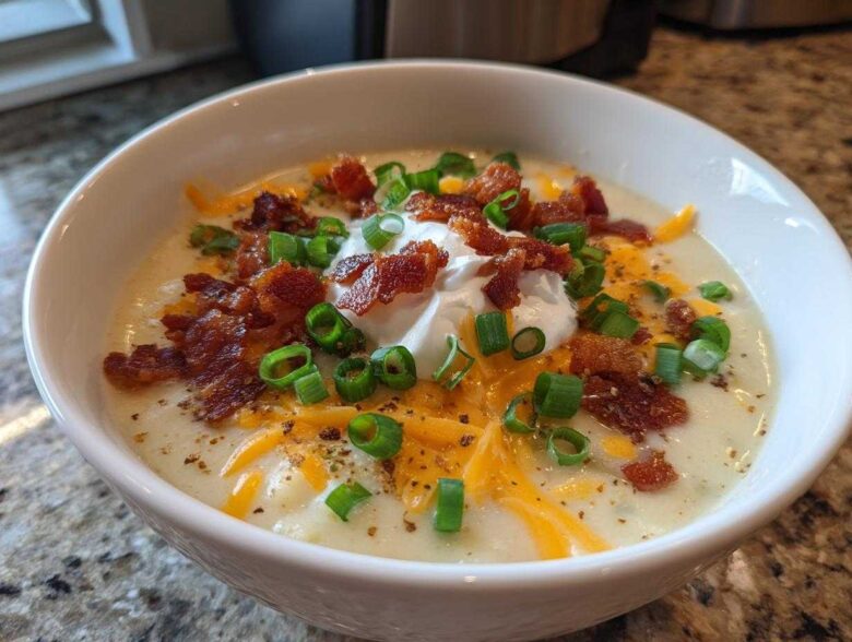 A close-up of a bowl of creamy loaded baked potato soup topped with sour cream, shredded cheddar, bacon bits, and green onions.