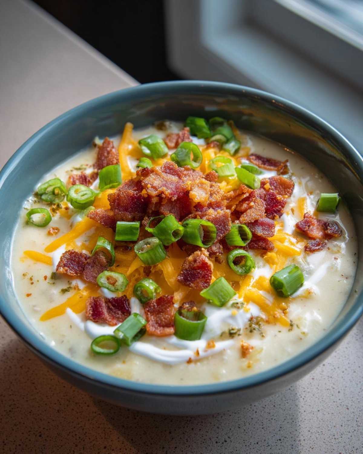 A creamy bowl of loaded baked potato soup topped generously with shredded cheddar cheese, bacon bits, sour cream, and sliced green onions.