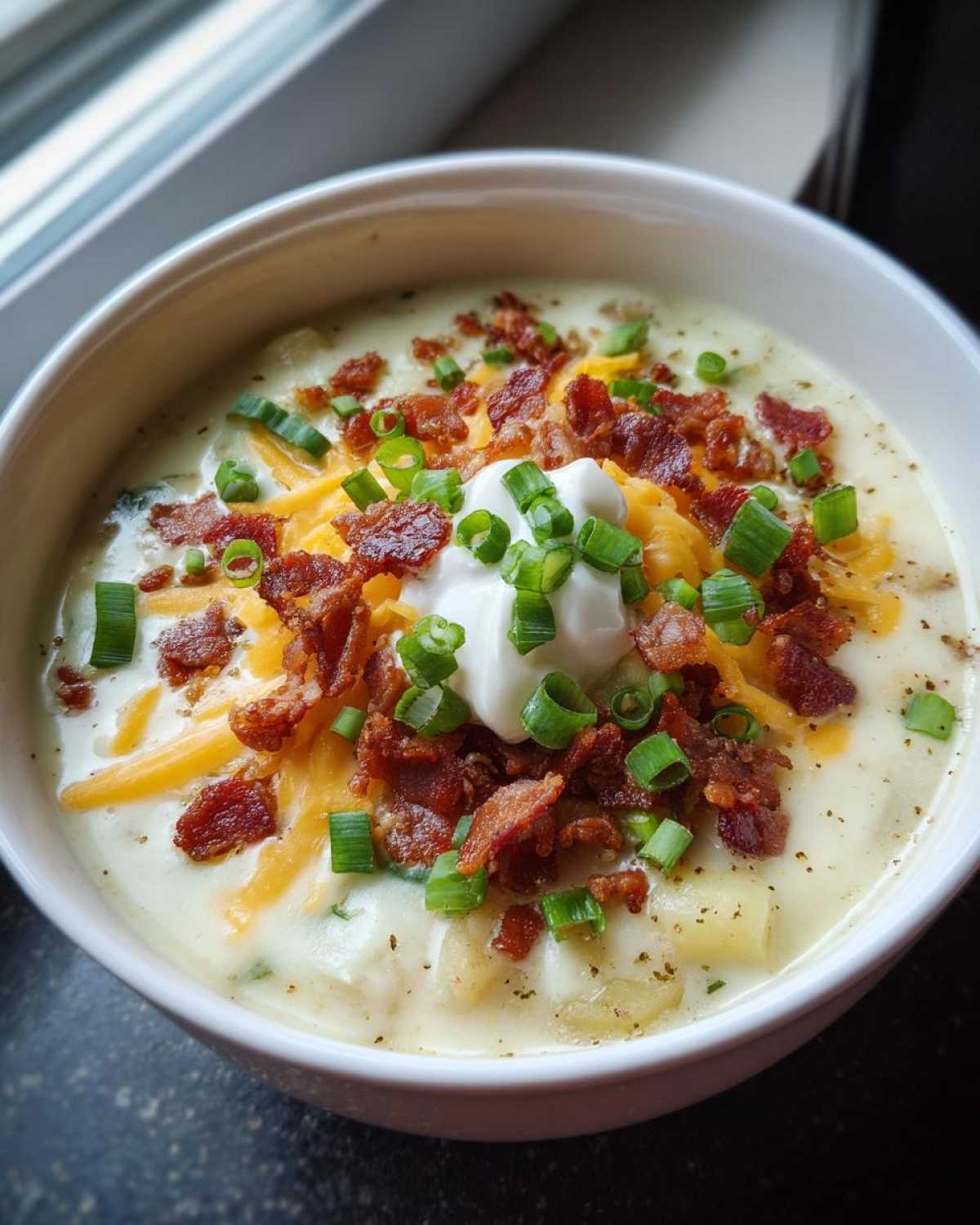 A close-up of creamy loaded baked potato soup topped with shredded cheddar, bacon bits, sour cream, and green onions.