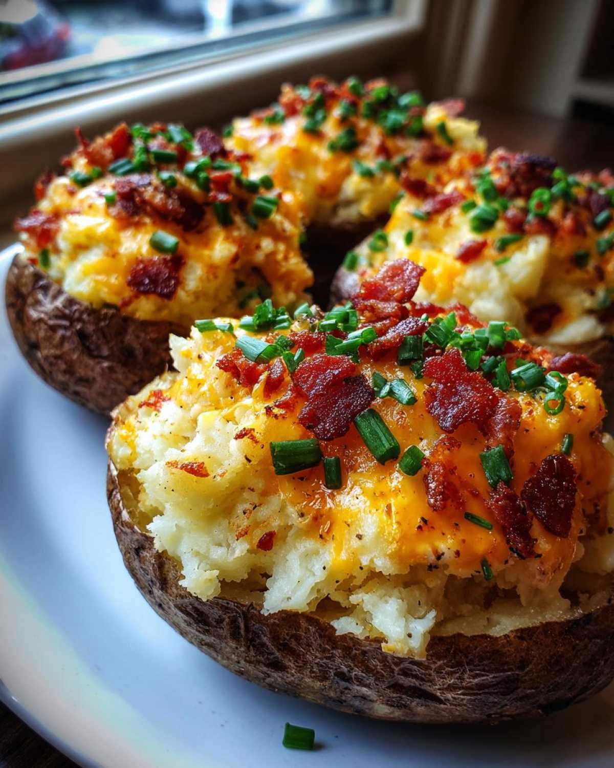 Close-up of four loaded twice-baked potatoes topped with melted cheddar cheese, crispy bacon bits, and fresh chives.