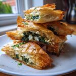 A stack of golden, flaky Mediterranean Spinach and Feta Cheese Crisps triangles garnished with parsley.