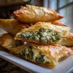 Close-up of flaky Mediterranean Spinach and Feta Cheese Crisps stacked on a white plate, showing the rich filling.