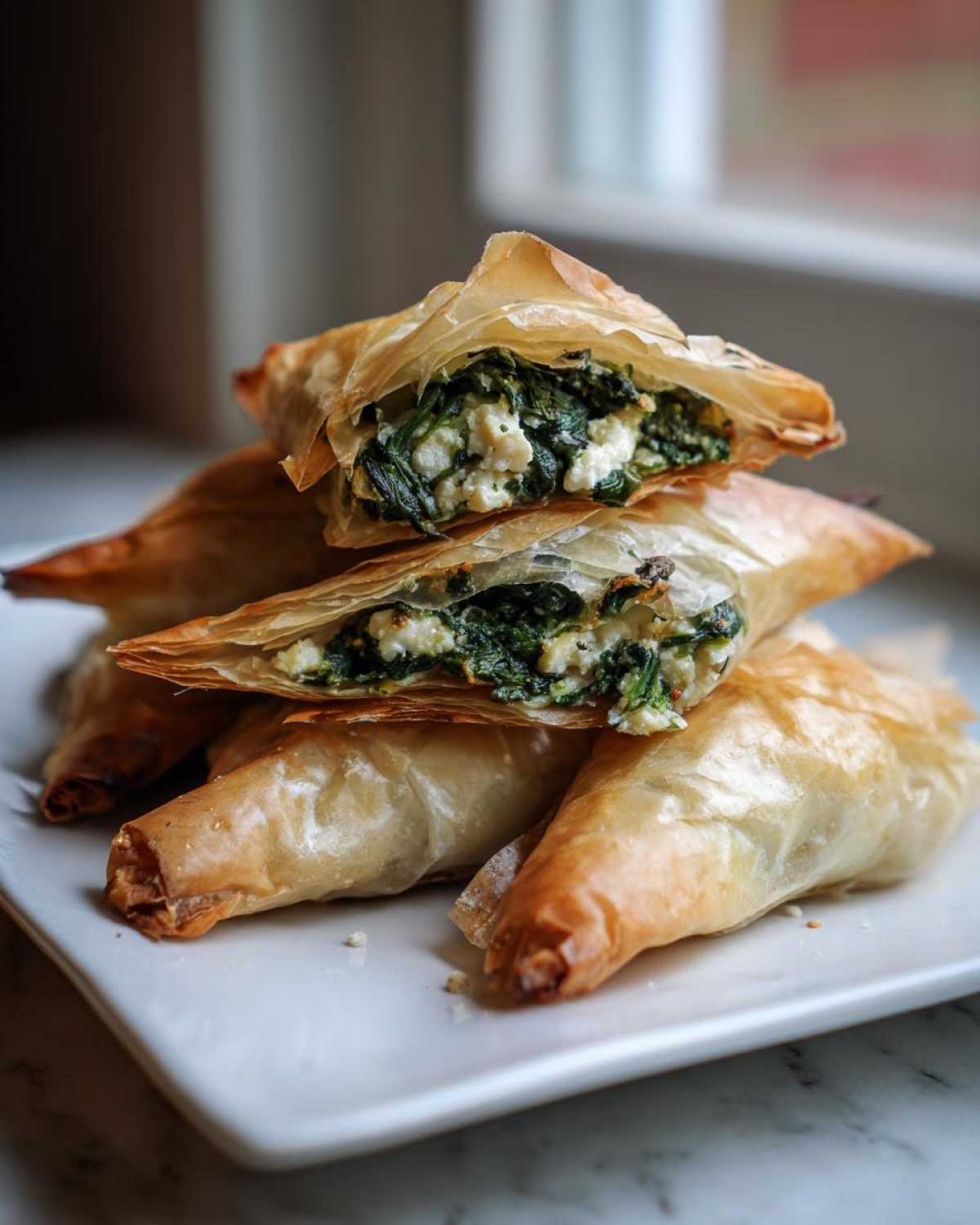 Close-up of flaky Mediterranean Spinach and Feta Cheese Crisps stacked on a white plate, showing the spinach and feta filling.