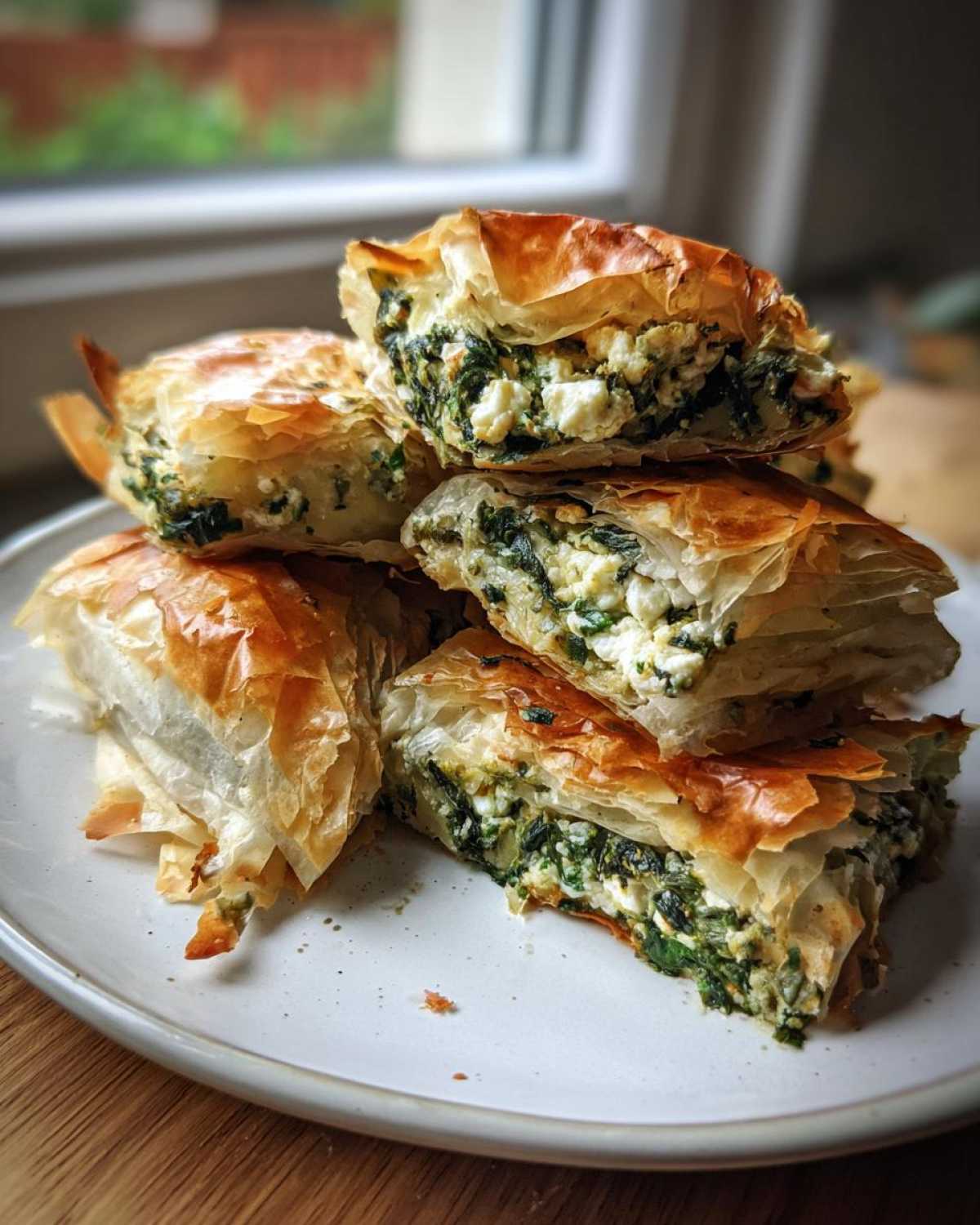 A stack of flaky, golden-brown Mediterranean Spinach and Feta Cheese Crisps cut into squares, showing the rich spinach and feta filling.
