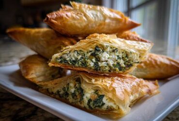 Close-up of flaky Mediterranean Spinach and Feta Cheese Crisps stacked on a white plate, showing the rich filling.