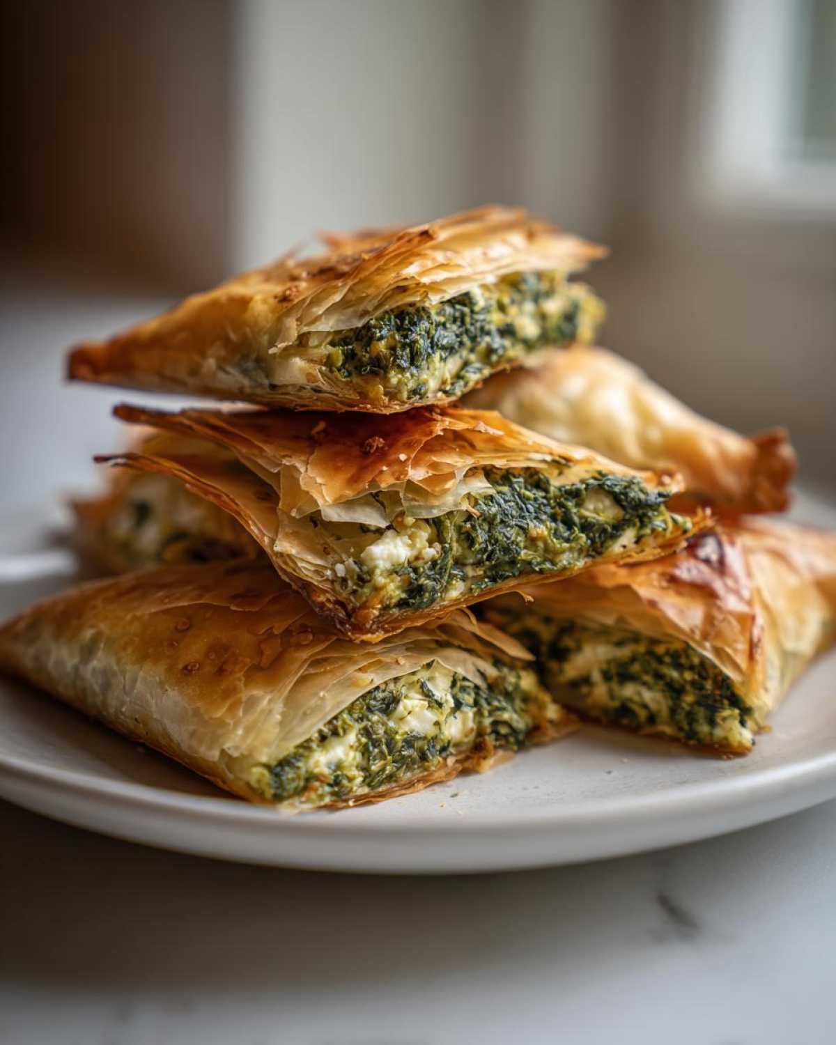 Close-up of stacked, golden-brown Mediterranean Spinach and Feta Cheese Crisps showing flaky phyllo dough and green filling.