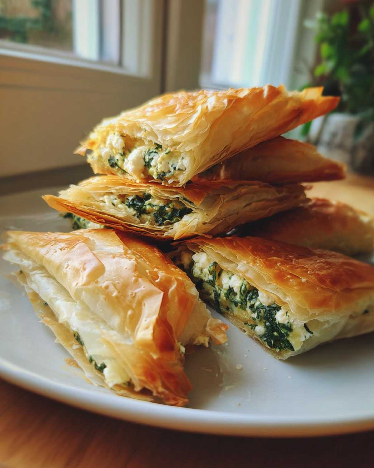 A stack of golden, flaky Mediterranean Spinach and Feta Cheese Crisps cut open to show the filling.