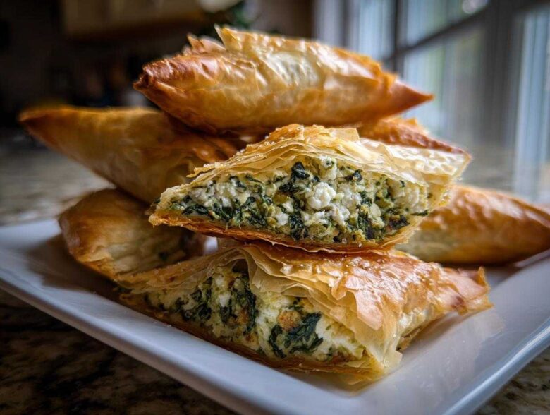 Close-up of flaky Mediterranean Spinach and Feta Cheese Crisps stacked on a white plate, showing the rich filling.