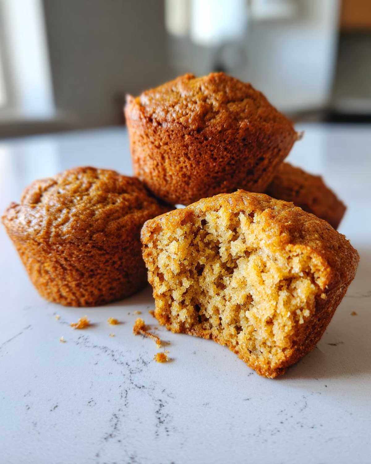 Close-up of several golden brown banana protein muffins, one broken open showing the moist interior texture.