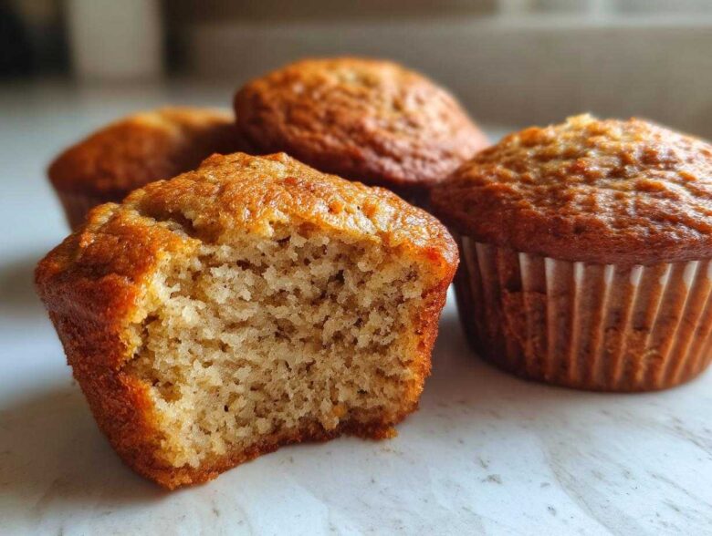 Close-up of a banana protein muffin with a bite taken out, showing the moist, textured interior next to whole muffins.