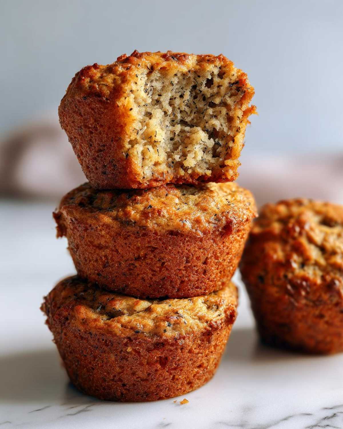 Close-up of three stacked banana protein muffins, with the top one bitten to show the moist, speckled interior texture.