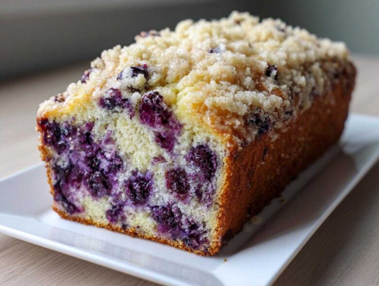 A close-up of a moist blueberry banana bread loaf, showing the dense crumb packed with blueberries and topped with a sugary streusel.