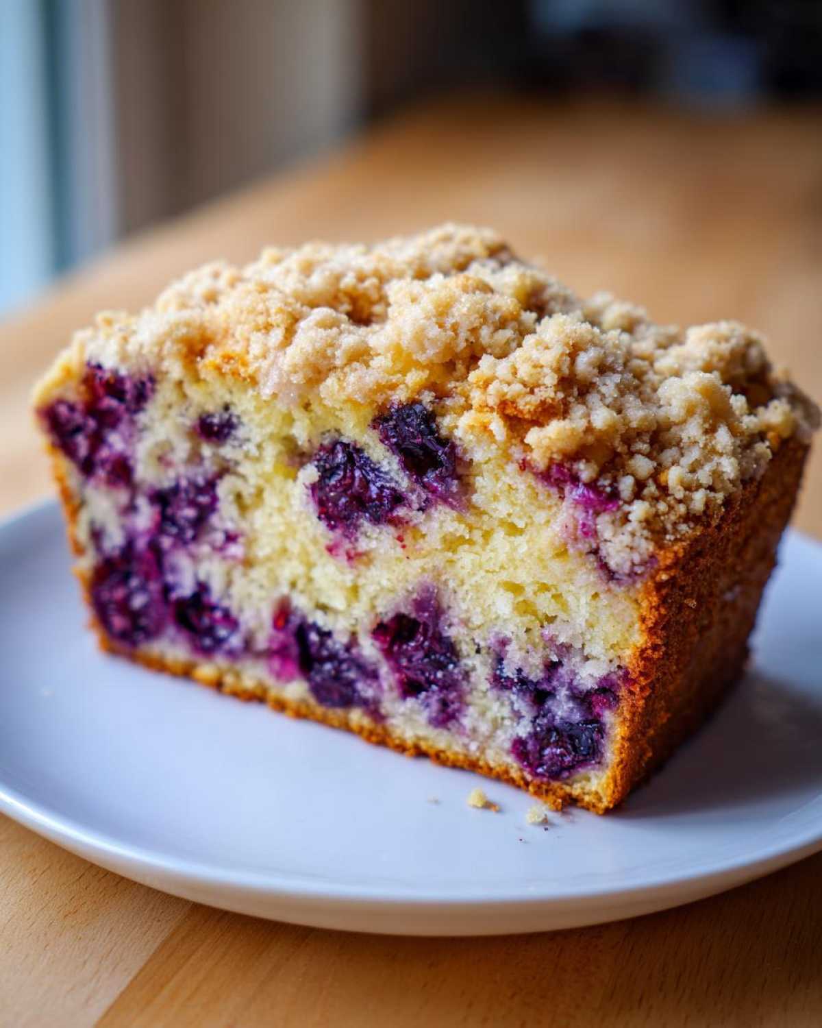 Close-up of a moist slice of blueberry banana bread featuring visible blueberries and a crumbly streusel topping.