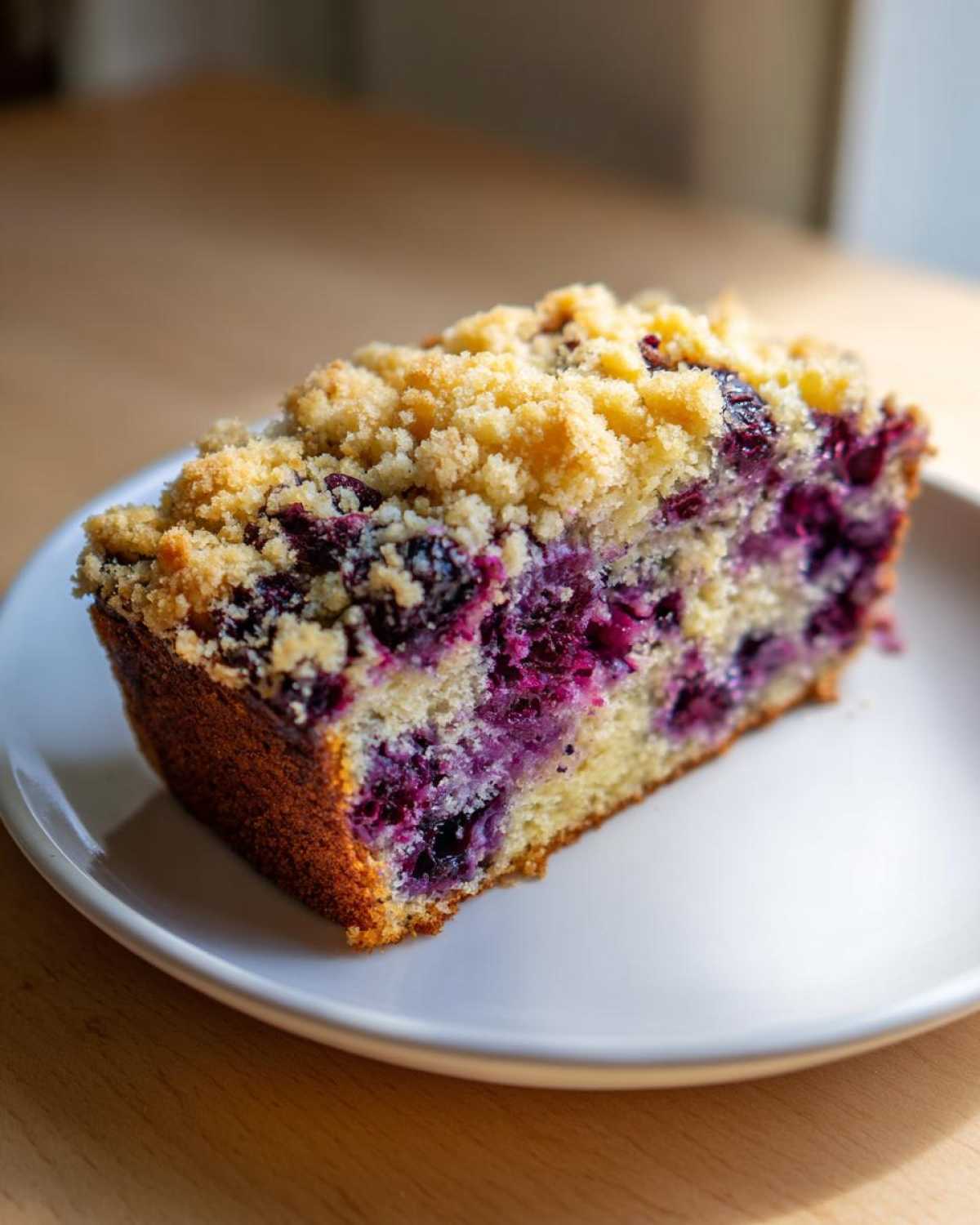 A thick slice of moist blueberry banana bread topped with a golden streusel crumb topping, served on a white plate.