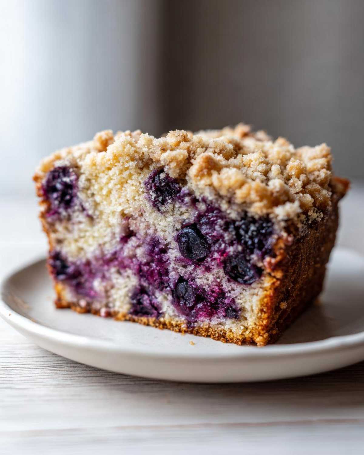 Close-up of a moist slice of blueberry banana bread topped with crunchy streusel.