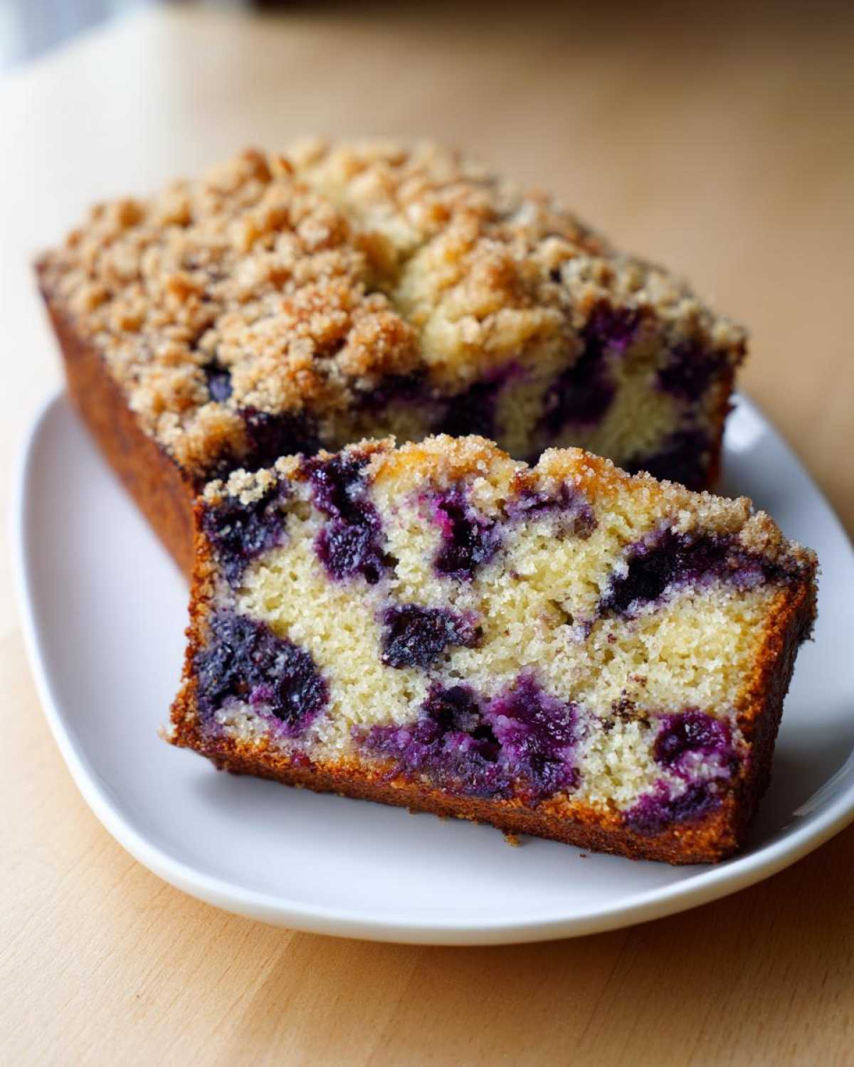 Close-up of a slice of moist blueberry banana bread showing bright purple blueberries baked into the yellow crumb.