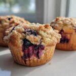 Close-up of a moist blueberry muffin featuring a sugary crumb topping and bursting blueberries.