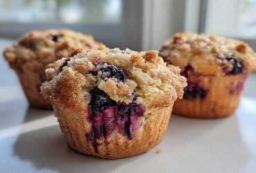 Close-up of a moist blueberry muffin featuring a sugary crumb topping and bursting blueberries.