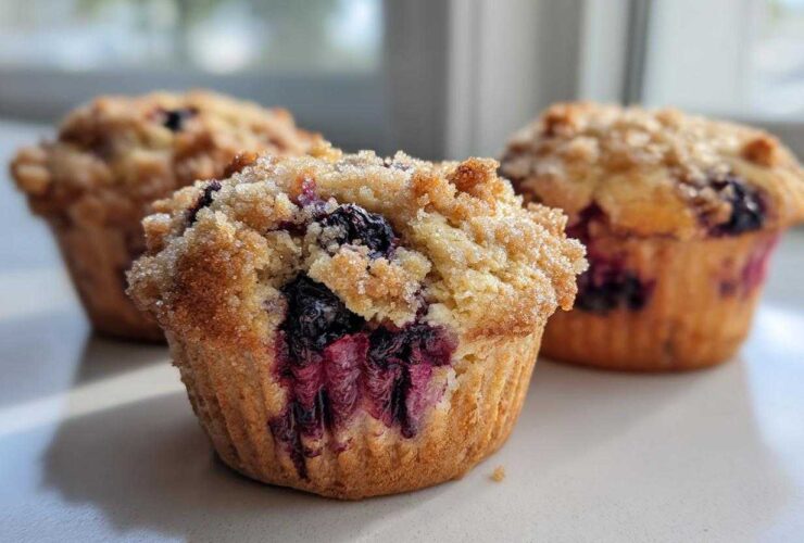 Close-up of a moist blueberry muffin featuring a sugary crumb topping and bursting blueberries.