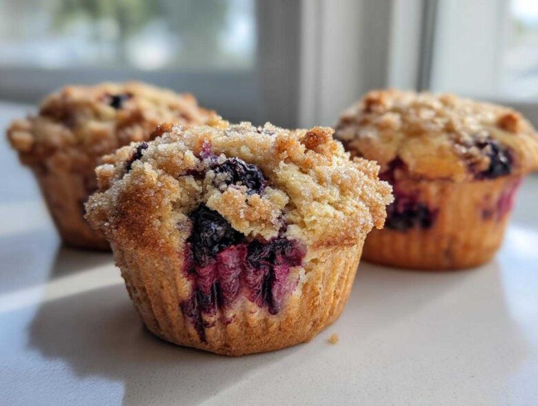 Close-up of a moist blueberry muffin featuring a sugary crumb topping and bursting blueberries.