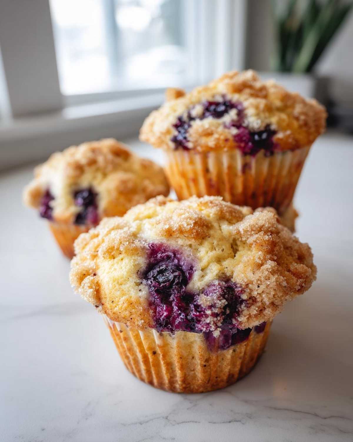 Three moist blueberry muffins with a sugary crumb topping displayed on a white marble counter.