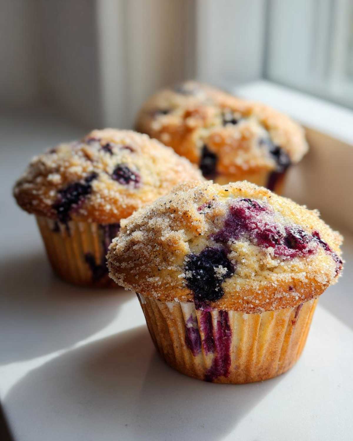 Three moist blueberry muffins topped with coarse sugar streusel sitting near a window, highlighting the burst blueberries.