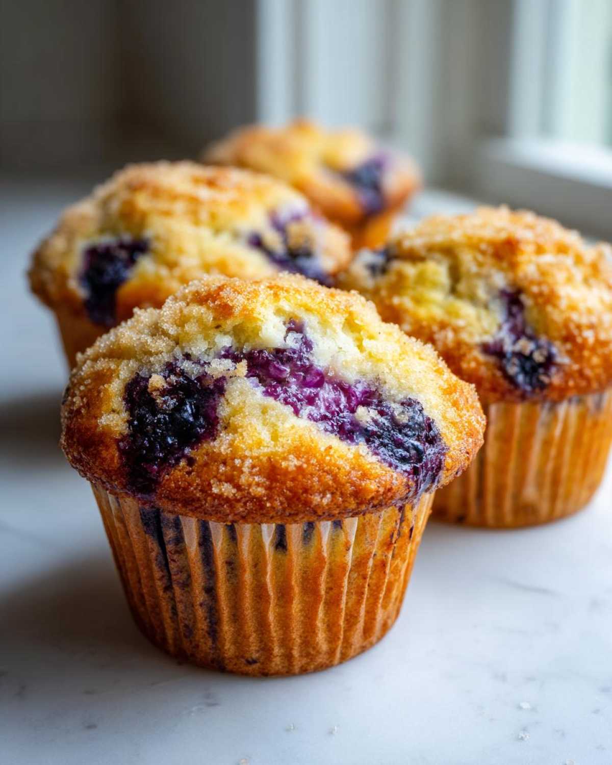 Close-up of moist blueberry muffins topped with coarse sugar, showcasing bursting blueberries.