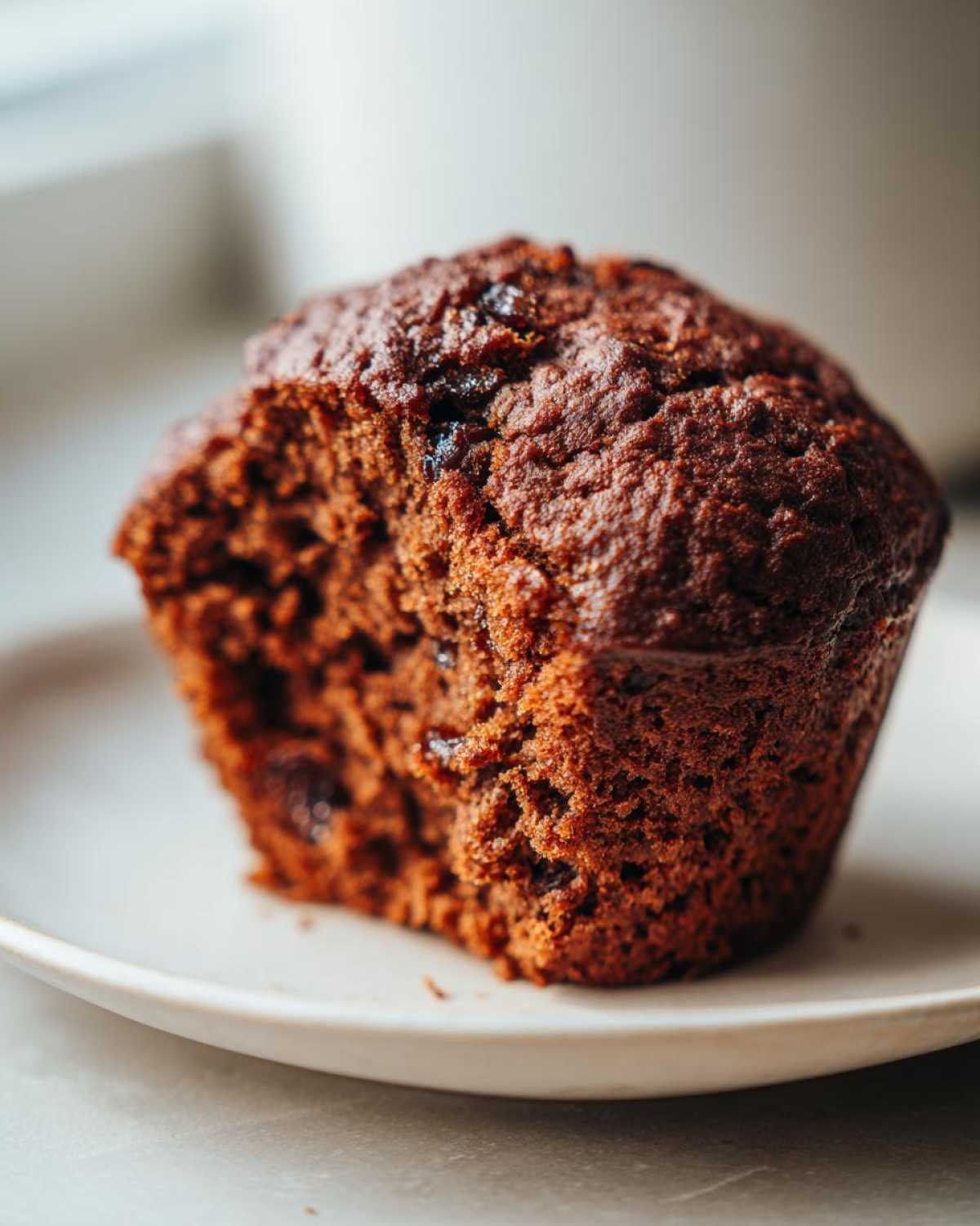 Close-up of a dark, moist bran muffin with visible raisins, showing its soft texture.