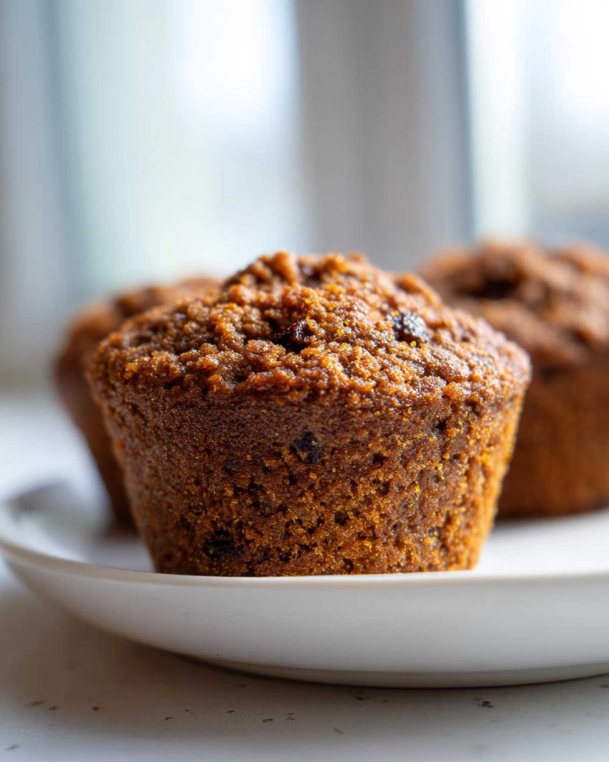 Close-up of a freshly baked, moist bran muffin with a dark, textured top, sitting on a white plate.