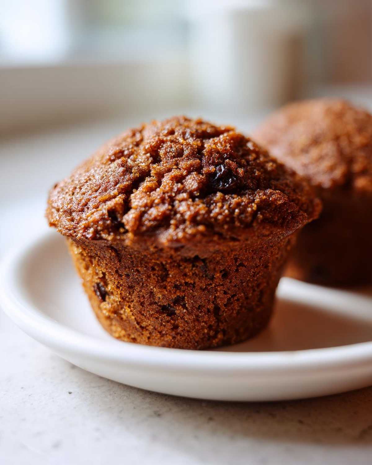 Close-up of a perfectly baked, moist bran muffin with a textured, dark brown top, resting on a white saucer.