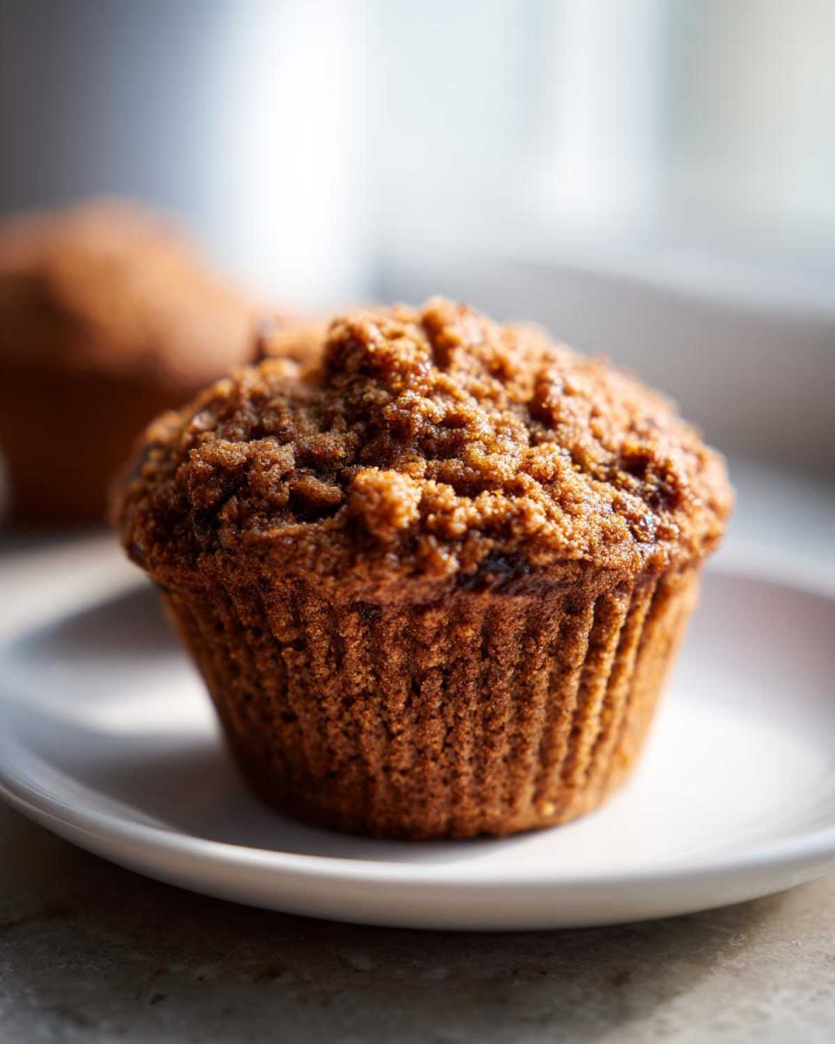Close-up of a single, dark brown, moist bran muffins with a textured, crumbly top sitting on a white plate.