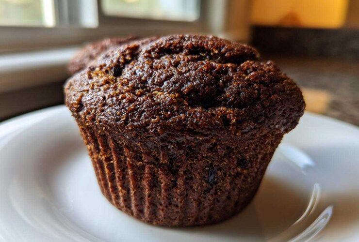 Close-up of a single, dark, moist bran muffin sitting on a white plate near a window.